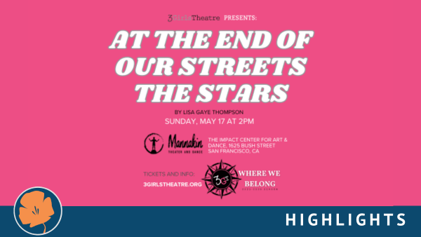 Text on pink background. Text reads as follows: 3Girls Theatre Presents: At the End of Our Streets the Stars by Lisa Gaye Tho