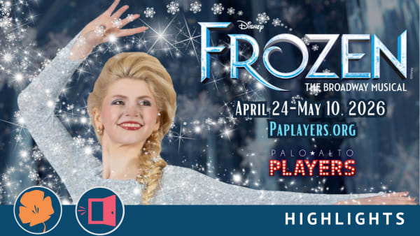 The FROZEN logo with a picture of Elsa (Astraea Brown) with snow flurries all around her.
