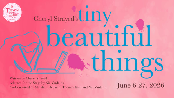 Pink gradient poster for Tiny Beautiful Things featuring teal title text, paint splashes, and a simple line drawing of a pers