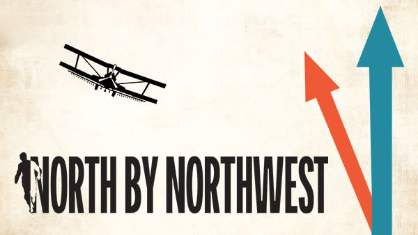 North by Northwest title treatment, including a man running while a plane flies overhead