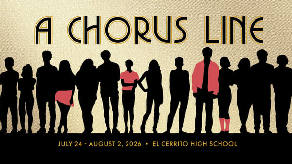 Black-and-red silhouettes of dancers on a stage stand against a glittering gold backdrop under the words "A Chorus Line" in a
