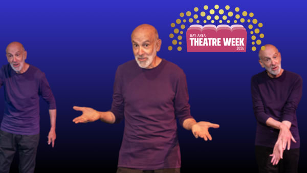 Paul Sussman poses as 3 characters, wearing a purple shirt on a blue background
