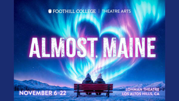 Two people sitting on a bench during a cold night in Almost, Maine. Snow swirls around them in the shape of a heart with dark