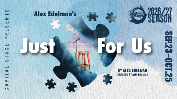 Show art for JUST FOR US that includes a microphone on a stand and a wooden stool inside a large dark-blue puzzle-piece silho