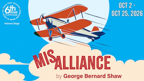 A graphic of a red airplane flying over clouds. Text reads: "Misalliance by George Bernard Shaw, October 2 through 25, 2026"