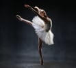 A ballerina with a white tutu and a crown doing an arabesque en pointe