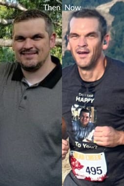 Before-and-after photo of Brian showing personal transformation through strength training, nutrition, and lifestyle