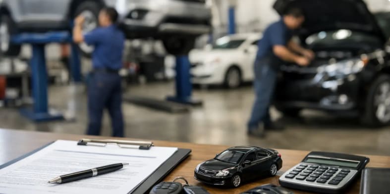 Auto repair shop showing workers fixing autos
