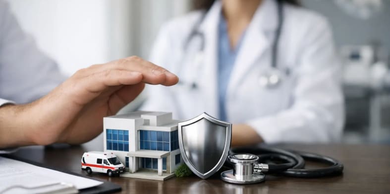 Image of a medical practitioner with medical devices in front of her on a desk