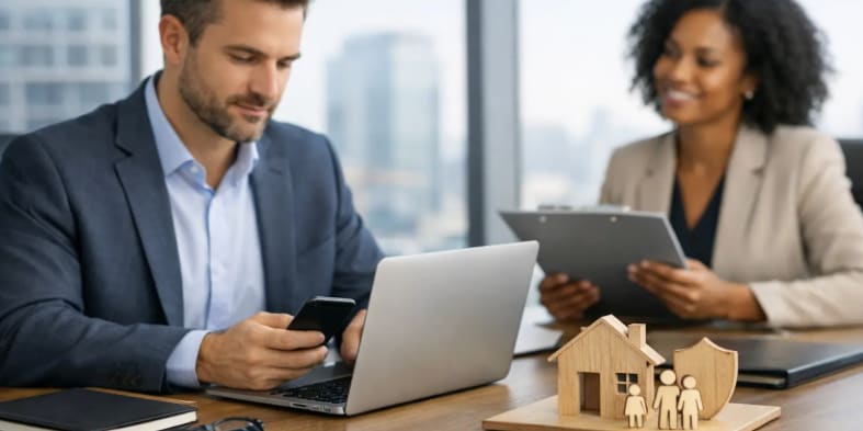 Image of two professional sitting at a desk review documents.