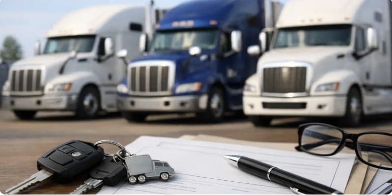 Image of three tractor trailers in a parking lost