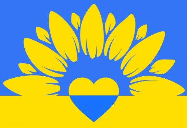 Half blue and yellow with a heart and flower petals