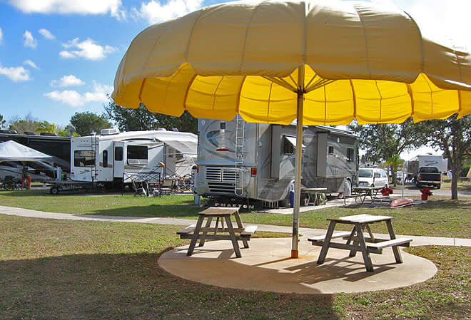 Picnic tables under large yellow umbrella near RVs at campground