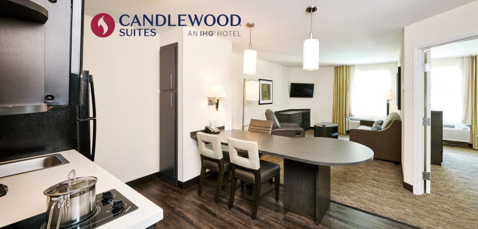 Hotel suite, living and sleeping area + kitchen