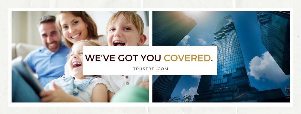 Smiling family with text "WE'VE GOT YOU COVERED" beside modern skyscraper against blue sky.