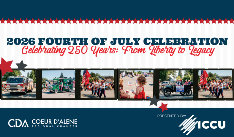 Coeur d’Alene 4th of July parade celebrating America’s 250th birthday with patriotic floats, flags, and crowds along Sherman
