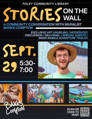 Stories on the Wall event poster featuring Alabama mural artist Banks Compton at Foley Community Library on September 29