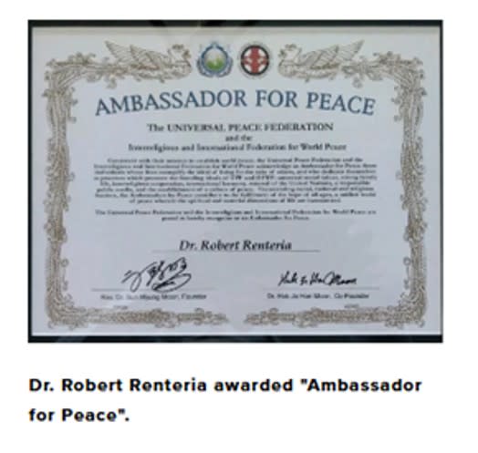 Dr Roberto Renteria Ambassador for Peace Plaque