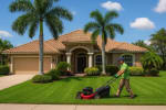 Person mowing a bright green lawn in front of a beige house with palm trees on a sunny day.