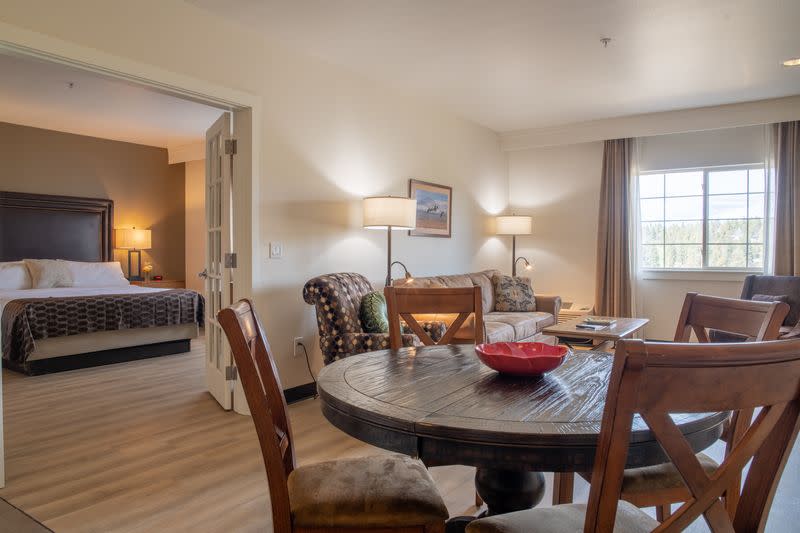 Suite at Running Y Resort in Klamath Falls Oregon near Crater Lake National Park featuring separate bedroom and living area