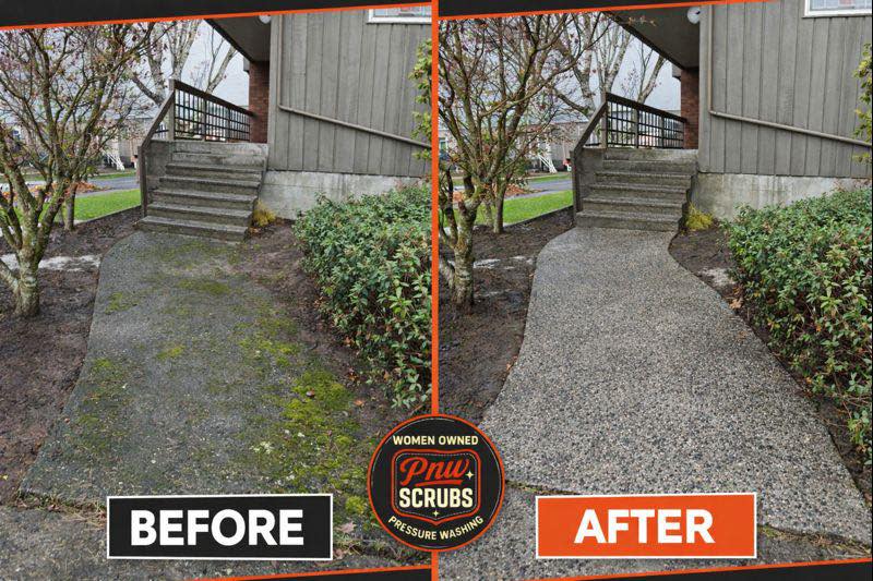 Before and after driveway pressure washing in Seattle removing moss and surface buildup