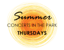 A yellow and orange sketch of a sun, with black text on top reading, "Summer Concerts in the Park, Thursdays."