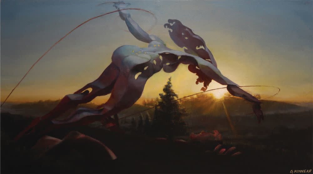 paper-kite-woman flying over paper-man in central coast landscape