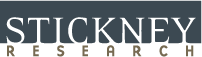 A gray-blue background with the word STICKNEY in white lettering, with a white background with the word RESEARCH in gold.