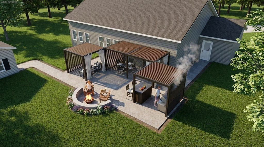 patio with 3 pergolas and a fire pit