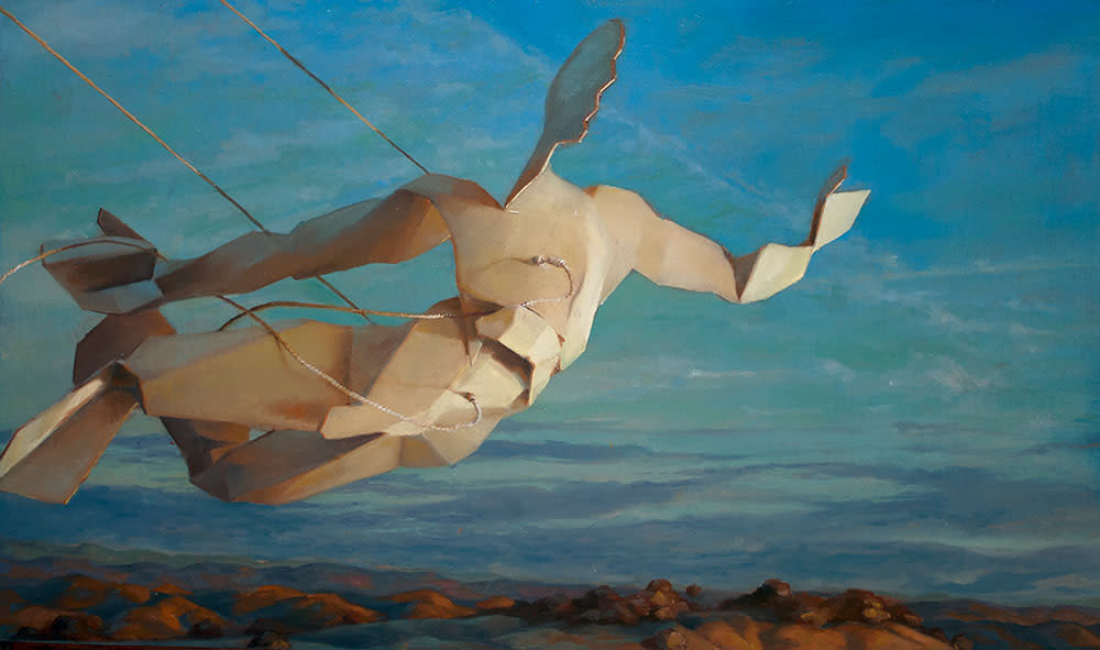 Paper-kite man, flying over central coast landscape