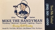 Mike the Handyman logo with cartoon drawing of a man in workman overalls and hat with hammer in hand