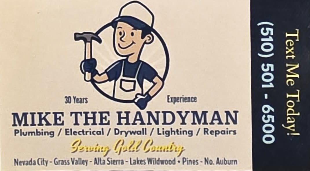 Mike the Handyman logo with cartoon man wearing workman's overalls and hat with a hammer in hand