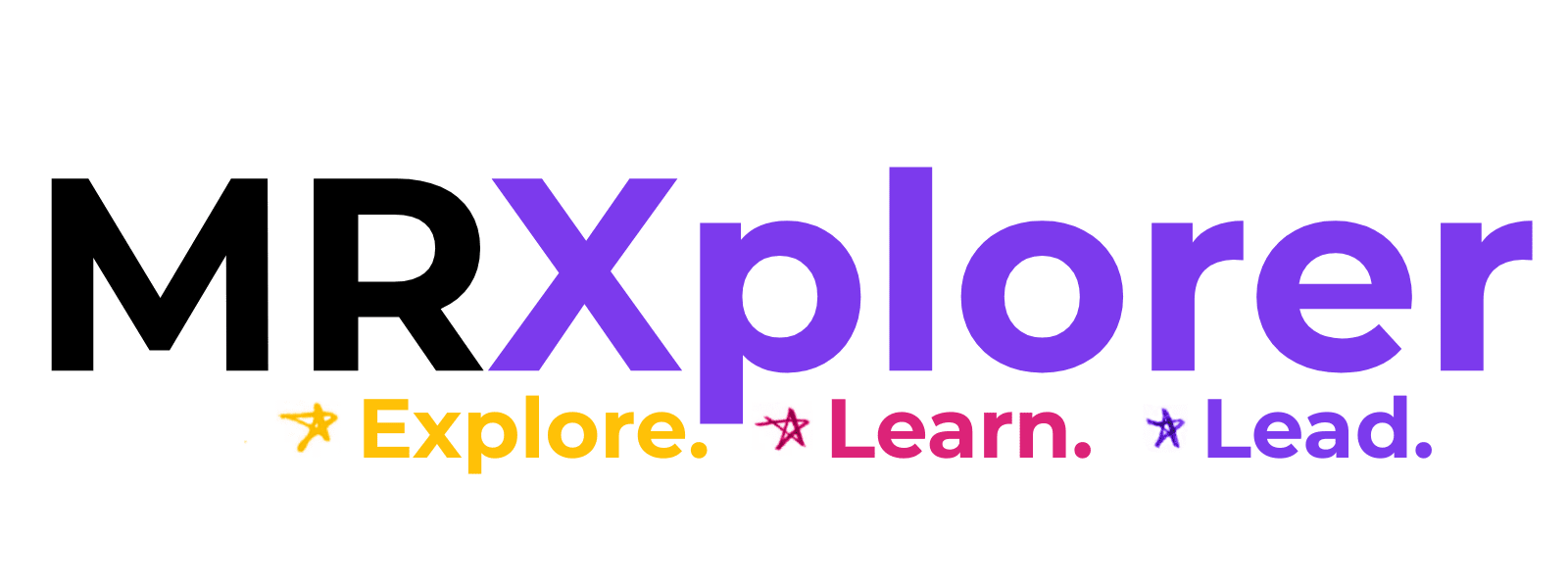 big letters read M R Xplorer, with M and R in black and Xplorer in purple. Underneath are the words Explore, Learn, Lead.