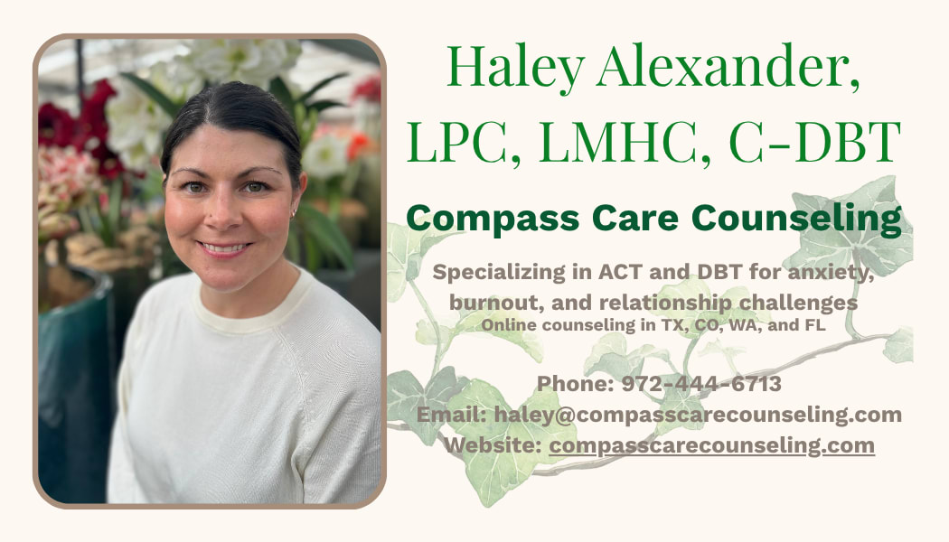 Anxiety and Burnout therapist in McKinney, TX business card.