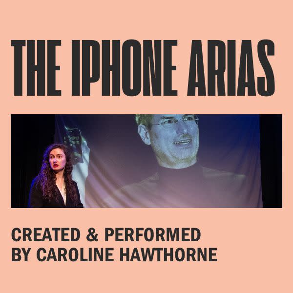 Show title "The iPhone Arias" with black bold writing. Picture of Steve Jobs staring over a woman with brown curly hair.
