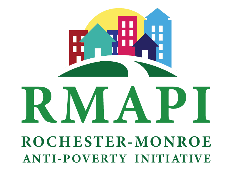 Logo for Rochester-Monroe Anti-Poverty Initiative: A green path leading to colorful housing in front of a sunrise