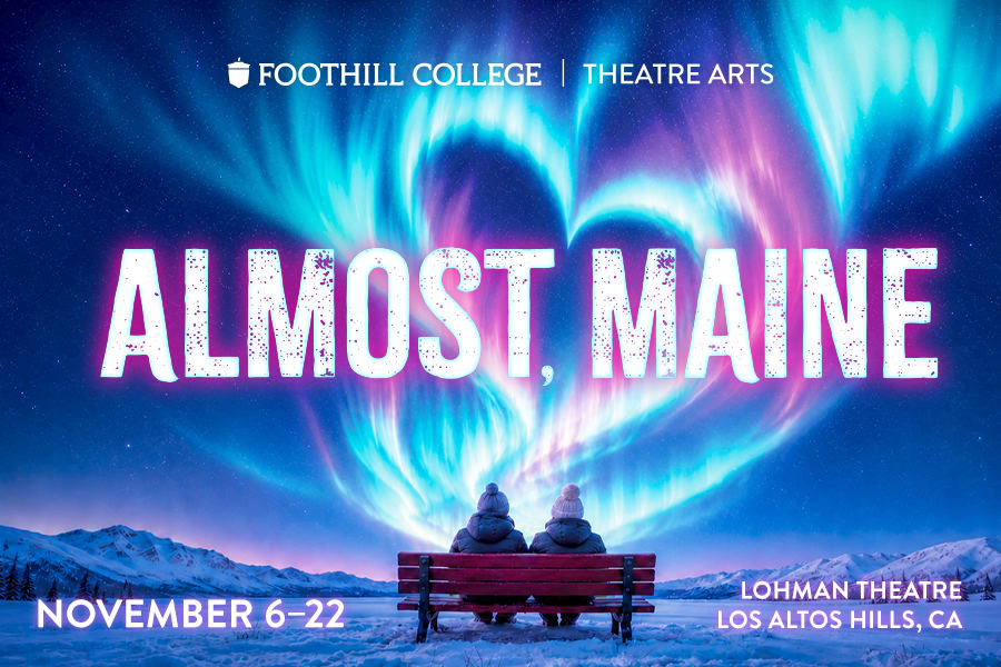 Two people sitting on a bench during a cold night in Almost, Maine. Snow swirls around them in the shape of a heart with dark