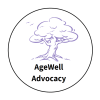This is the logo for AgeWell Advocacy. There is a purple tree with purple birds flying above the words "AgeWell Advocacy".