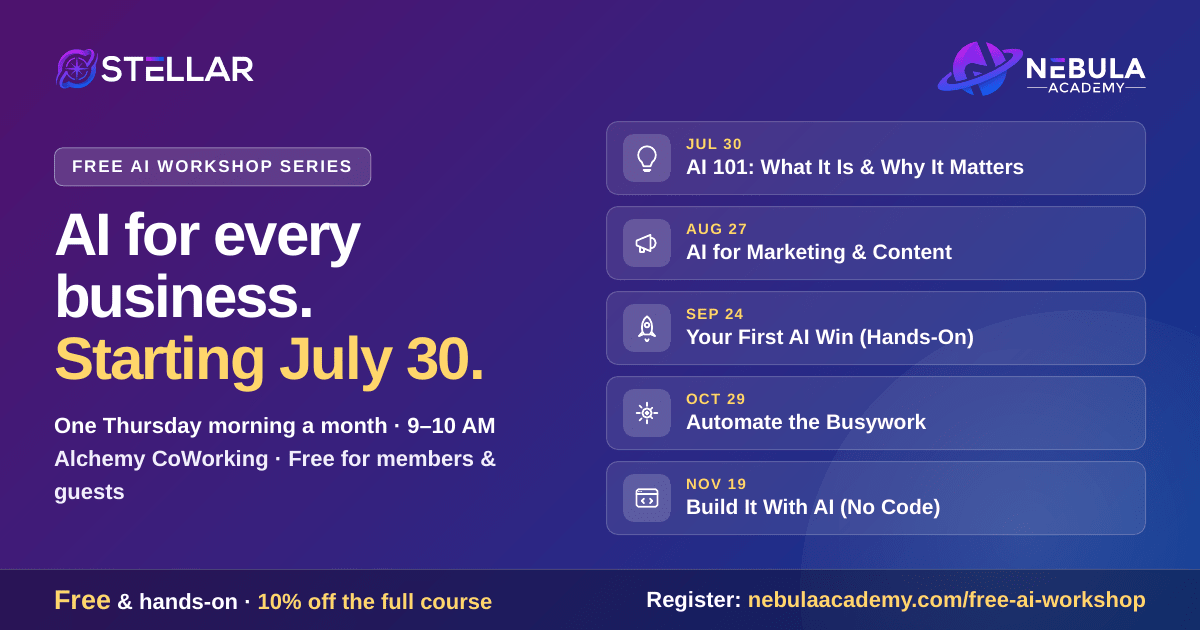 Free AI Workshop Series at Alchemy CoWorking — five free Thursday-morning AI workshops starting July 30