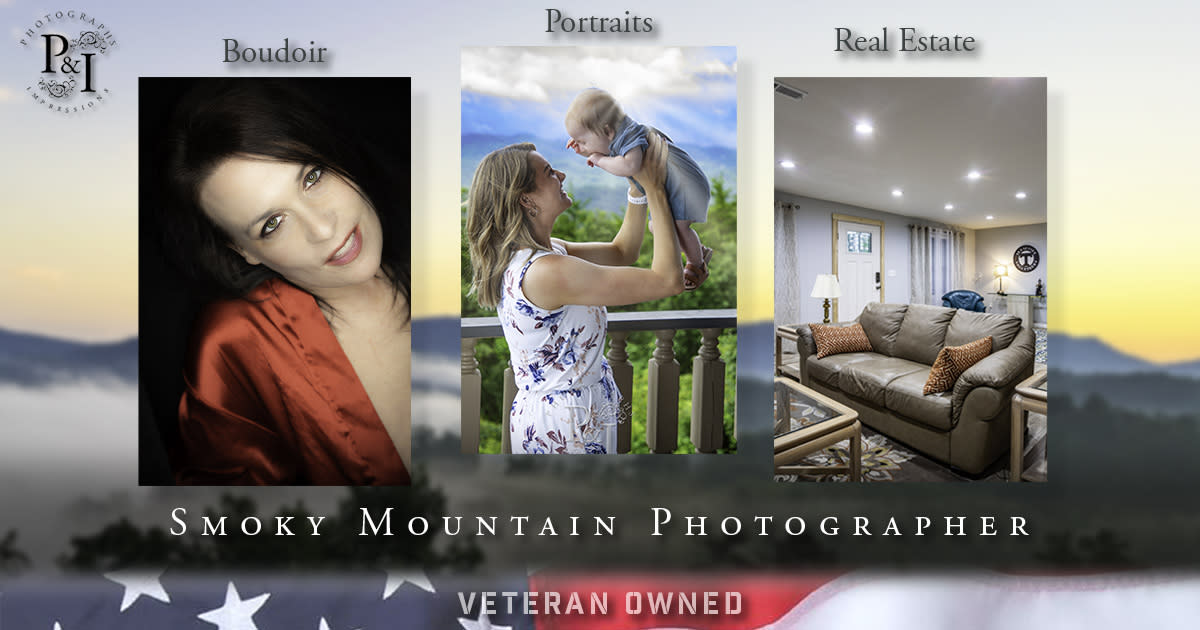 Smoky Mountains photography services showing boudoir portrait, family portrait, and real estate interior photography by a vet