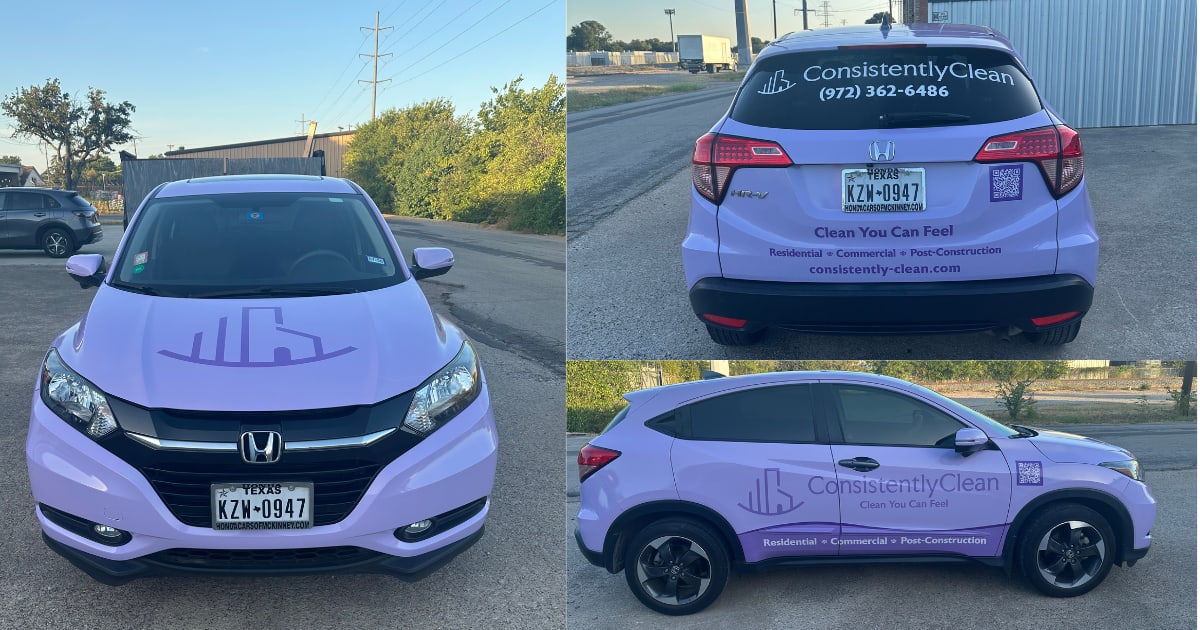 Consistently Clean vehicle wrap featuring branded graphics and company information on a service vehicle.