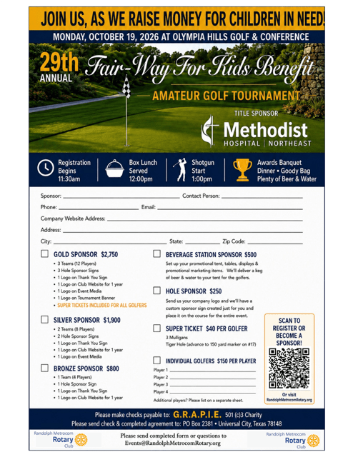 Fair Way for Kids golf flyer: October 19, 2026 at Olympia Hills. Registration 11:30 AM; shotgun start 1 PM.