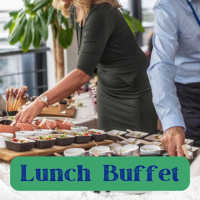 photo of people choosing food from a buffet with text overlay reading "lunch buffet"