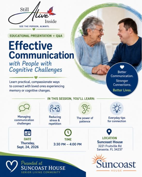 Effective Communication with People with Cognitive Challenges flyer - Suncoast House, September 24, 2026
