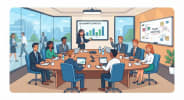 Artist rendering of conference room table with people seated around it.