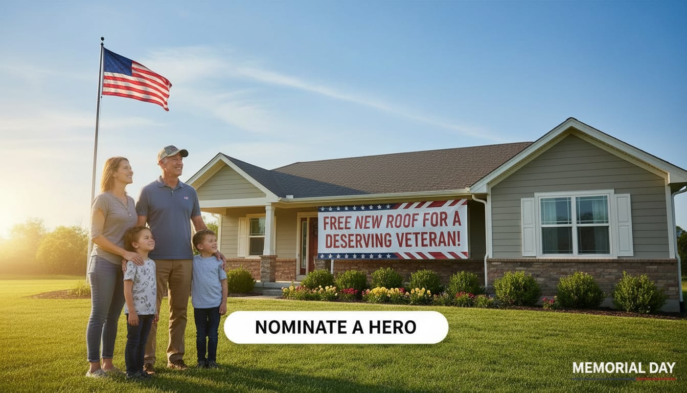 Veteran and family in their yard with an American flag and their new Storm Guard roof