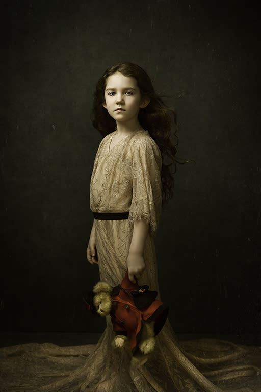 fine art portrait of young girl with bear in studio in Kirkland by Beauclair Photography