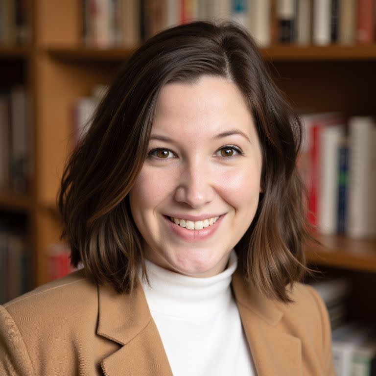 Claire with brown shoulder length hair, brown eyes in a white turtle neck and camel blazer