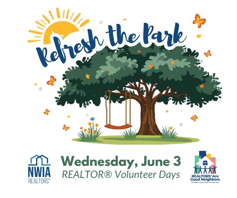 graphic showing a green tree with a swing attached, grass, flowers and butterflies for a park clean up day on June 3