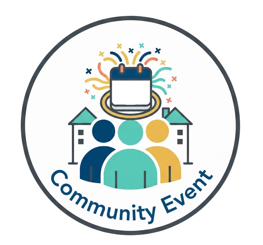 Community event logo: three people in front of two buildings and a blank calendar date